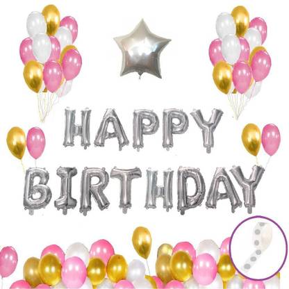 Agk Solid Happy Birthday Silver Letter Foil Balloon| 30 pcs Pink, Gold & White Metallic Balloon |1 Pcs Silver Star | 1 Pcs Strong Glue Dots Roll (Combo Of 45 Pcs Birthday & Party Decoration) Letter Balloon