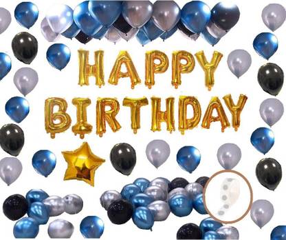 Agk Solid Happy Birthday Golden Letter Foil Balloon| 30 pcs Blue, Black & Silver Metallic Balloon |1 Pcs Golden Star | 1 Pcs Strong Glue Dots Roll (Combo Of 45 Pcs Birthday & Party Decoration) Letter Balloon
