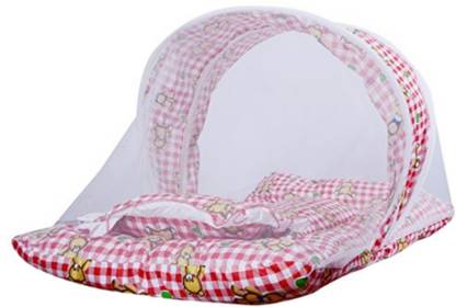 GURU KRIPA BABY PRODUCTS Cotton Infants Washable ™ Presents - Baby Mattress With Mosquito Net Foldable Cot Net With Atech Mosquito Net & Include Pillow Soft Cotton Fabric Baby Mosquito Net Bed Age 0-9 Months (Red) Mosquito Net