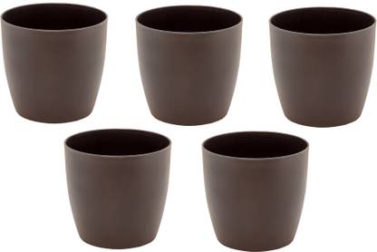 Garbnoire Gardening Flower Pots - 5 Inch Plastic Flower Pots | Modern Decorative Indoor Outdoor Planters/Pots - Pack of (5, Coffee) Plant Container Set
