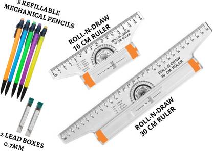 Upyukat Roll N Draw Scale Set-1 PC Plastic Roll N Draw Ruler (16cm) and 1 PC Plastic Roll N Draw Ruler (30 cm) Scale/ Ruler Very Useful to Architect, Engineering Students, Other students, Office Employee (Set of 2) + 5 pcs of Refillable Mechanical Pencils of 0.7mm along with 2 Lead boxes Ruler