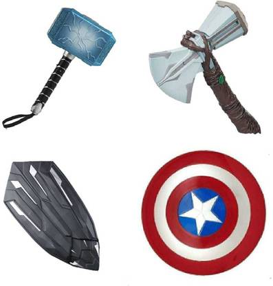 The Simplifiers Combo Pack of Mighty Thor Lightning Axe and Hammer Toy with Captain America Black and Red Shield