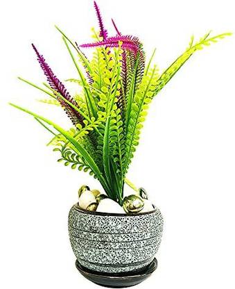 CAAJIB Decor's Imported Artificial Tropical Green Leaves in Brazilian Ceramic Matka Pot with Beautiful White Stones for Home, Washroom and Office Décor | Fire Retardant Plant (Green) Artificial Plant  with Pot