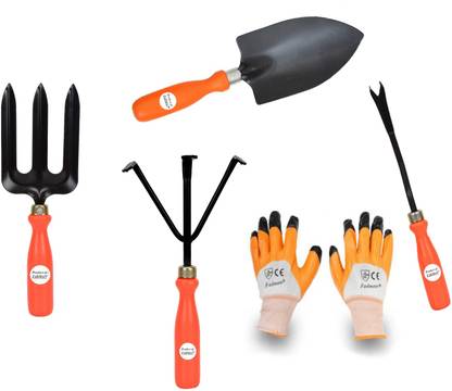FADMAN Garden Hand Tools Set of 5 PCS (Weeder, Hand Rake, Big Trowel, Garden Fork, Orange Gloves) Garden Tool Kit