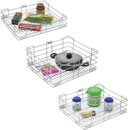 SMART SLIDE Utensil Kitchen Rack Steel 16 x 20 Inch Pack of 3 Stainless Steel Modular Kitchen Basket / Kitchen Drawer / Wire Kitchen Basket / Kitchen Trolley / Utensils Storage Rack Organizer / Kitchen Stand