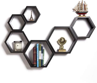 THE BELIEVERS CHOICE Hexagon Designer Storage Shelf, Set of 6 MDF (Medium Density Fiber) Wall Shelf