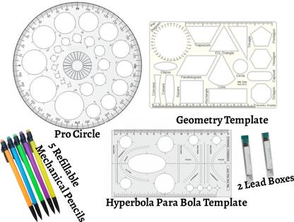 Upyukat Plastic Pro Circle with 25 Circles, Hyperbola- Parabola Template, Geometry Template with 16 shapes, Along with 5 Refillable Mechanical Pencils (0.7mm) and 2 Lead Boxes, Drafting Scale Ruler Very Useful to Architect, Engineering Students, Office Employee (Set of 3) Ruler