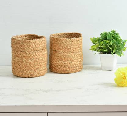 LaVichitra Jute Braided Jute Baskets | Storage Bins Organizer | Laundry, Toys & Planter Basket- Set of 2 (6 Inch) Storage Basket