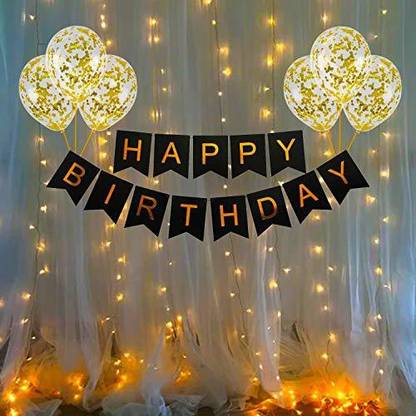 Party Propz Birthday Decoration Items Kit- 10Pcs Black Bday Banner Confetti Balloon with Led Light for Kids, Husband Girls, Boys Bday Decorations Items with Fairy String Lights