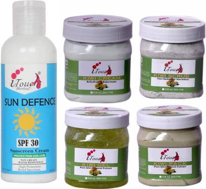 I TOUCH HERBAL Kiwi Scrub , Cream , Pack , Gel 500 Ml X 4 + SunDefence S.P.F 30 - 100 ml ( Pack Of 5 )