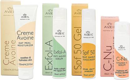 Aveil Combo Pack C-Nu C Serium, Avoine Skin Moisturiser, Heat Shield SPF 50 Gel Sunscreen, Anti Aging Serum Face Serum for all Skin Types