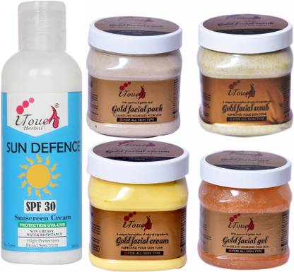 I TOUCH HERBAL Gold Scrub , Cream , Pack , Gel 500 Ml X 4 + SunDefence S.P.F 30 - 100 ml ( Pack Of 5 )