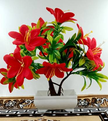 BearPaw Red Lily Artificial Flower Plant for Home Decoration indoor Bonsai Wild Artificial Plant  with Pot