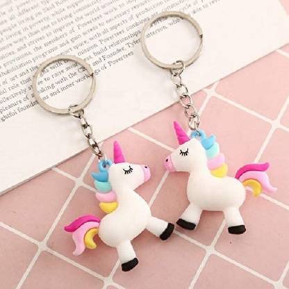 ESAANVIKA Cute Rainbow Unicorn Design Plush Rubber Keyring & Keychain - White and Pink Color (set of 2) Key Chain