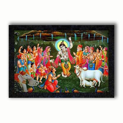 pnf Lord Krishna Lifted The Mountain of Govardhan with Wooden Synthetic Frame Digital Reprint 13.5 inch x 19 inch Painting