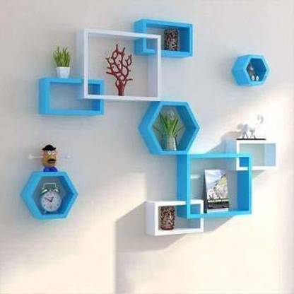 VANIYA CRAFTS Floating Rectangular Intersecting Wall Mounted Shelf Rack Set of 6 & Hexagonal Home & Wall Decor Wall Shelf Set of 3 MDF (Medium Density Fiber) Wall Shelf