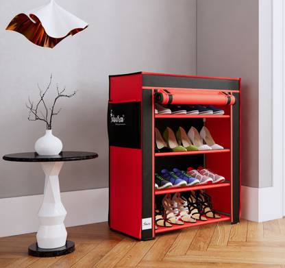 Raunak 4 tier with Non Woven Fabric cover Metal Shoe Stand  (Red, Black, 4 Shelves, DIY(Do-It-Yourself))