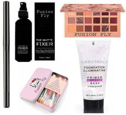 FUSION FLY Smudge Proof Essential Makeup HD14 Beauty Kajal & Professional Set of 7 Makeup Brush & New York Edition NUDE EYESHADOW PALETTE & The Matte Fixer Face Spray & Illuminating Foundation Face Primer GEL