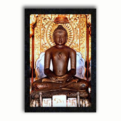 pnf Lord Mahavir Swami Jain God with Wooden Synthetic Frame Digital Reprint 19 inch x 13.5 inch Painting