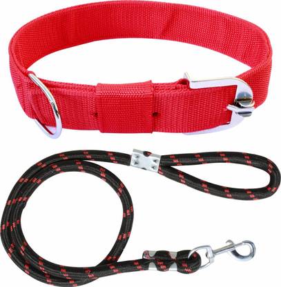 ADIOS Dog Belt Combo of 1.5 inch Red Dog Collar with Black Lead Specially for Large Dog Collar & Leash
