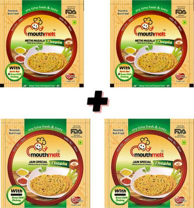 MouthMelt by VITALMORAL Mix Pack Methi Masala + Jain Special Soft Thepla (Methi Masala 2 Packet with Garlic & Jinger+ Jain Special 2 Packet Without Garlic & Jinger) (Ready to Eat,Rosted) Each Packet Contain 200G (4 Packet) 800 g