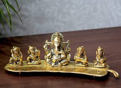SP Handicrafts Gold Plated Metal Handicraft Set of 5 Musical Ganesh Ji Sitting On A Leaf God Ganesha Decorative Showpiece  -  6 cm