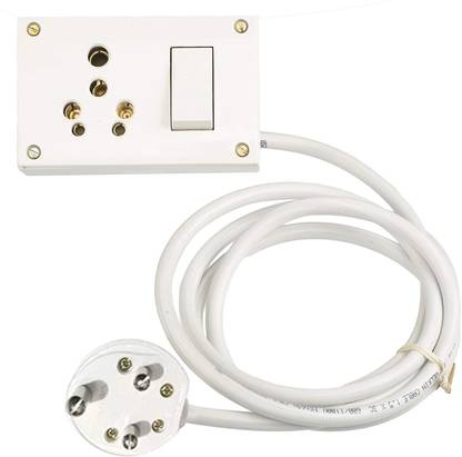 Hiru Power Extension Switch Board for Heavy Appliances with 16 AMP Socket, Extension Cord (1.5 mm x 2 core), & 15 AMP 3 Pin Plug Top – 3 Mtr Long Wire (White Wire) 1  Socket Extension Boards
