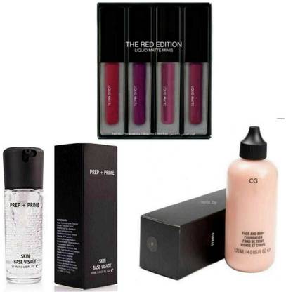 C G FASHION CG Combo Of 4 Color Shades The Red Edition Matte Lipstick, Prep Prime Fix And Skin Base Visage Primer And Face And Body Foundation