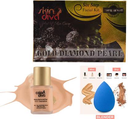 Skin Diva GDP Facial Kit-285 gm & Color Diva Liquid Foundation-30 ml Beige & Blender (Set of 3)