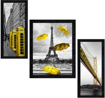 pnf Set of 3 Framed eiffel tower telephone booth bridge-2116- Digital Reprint 14 inch x 22 inch Painting