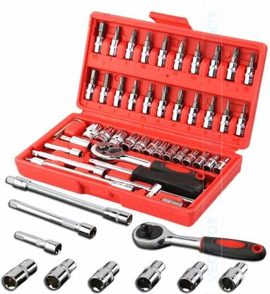 SEASPIRIT 46 Piece 1/4” Socket Wrench Set Metric Tool Kit with Wrench Handle, Extension Bars, Flexible Extension Rods, Socket Set