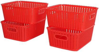 Cutting EDGE Plastic Set of 4 | Medium | Red | Multipurpose Sturdy Woven Storage Baskets Storage Basket