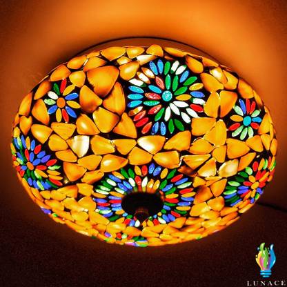 LUNACE BIG Handcrafted Circular Shaped Multicoloured Mother of Pearl Shell Design Mosaic Ceiling Glass for Rooftop Living, Home Decoration, Night Light, Living Room Decor, Bedroom, Mandir, Balcony Light, Hall Decoration Turkish Lamp (MADE IN INDIA) Ceiling Light Ceiling Lamp