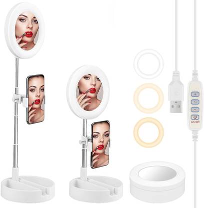 Hold up Selfie Ring Light with Mirror and Mobile/Camera Holder Attachment Along with Height Adjustment for Live Streaming, Content Creation, Makeup Tutorial, Video Calling, etc (White Ring Flash