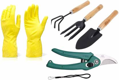 SHREETA Gardening Tools - Reusable Rubber Gloves, Flower Cutter/Scissor & Garden Tool Wooden Handle (3pcs-Hand Cultivator, Small Trowel, Garden Fork) Garden Tool Kit