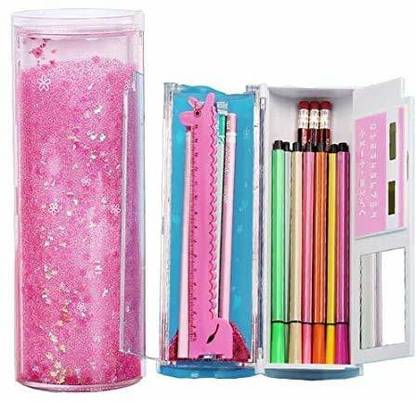 LATHIYA BROTHERS PVT LTD LB Pencil Case Box - Liquid Glitter Floating Stars with Calculator(Round Shape) Art Plastic Pencil Box