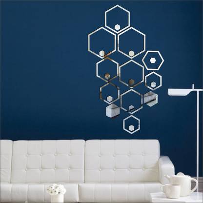 Grahak Trend 20 Shape Hexagon Silver 3D Acrylic Mirror Wall Sticker Decoration for Kids Room/Living Room/Bedroom/Office/Home Wall Pack of 20