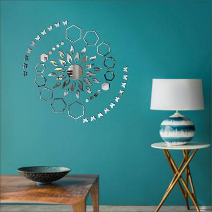 Grahak Trend Sun Flame 20 Hexagon Shape Silver With 20 Butterfly Golden 3D Acrylic Mirror Wall Sticker Decoration for Kids Room/Living Room/Bedroom/Office/Home Wall Pack of 65