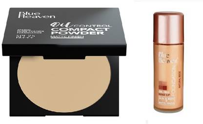 BLUE HEAVEN Oil Control Compact - Matte Finish, 8 g (Cream ) & oil free foundation ( 30 ml ) pack of 2