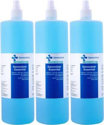 Germotizer Essential Spray  | Ethanol + Hydrogen Peroxide With Glycerin as Moisturizer | Kill 99.9 % of Germs Without Water | Pack of 3 | 1 Liter each Hand Sanitizer Bottle