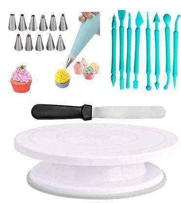 H&M Store Cake Decorating Stand 28cm, 13 Piece Cake Nozzle Set and Cake Palette Knife Icing Spatula 8 inch, 8pc Fondant Tools (Pack of 23) Kitchen Tool Set