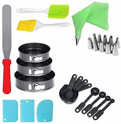 H&M Store Coated Removable Cake Mould, Set of 8 Measuring Cups and Spoons, Spatula, Brush, Scraper, Pallet Knife and 1 Icing Piping Bag with 12 Steel Nozzle (pack of 30) Kitchen Tool Set
