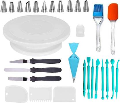 H&M Store 1pc Turn Table, 12 Piece Cake Decorating Icing Nozzle Set, 1pc Icing Piping Bag, 3pc Multi-Function Stainless Steel Cake Icing Spatula Knife Set, 8pc fondant tools, 1pc Silicon Oil Brush, 1pc Icing spatula and 3 Pieces of Dough Scrapper, Baking Combo, Baking Tool, Cake Making Set, Kitchen Tool Set (pack of 30) Kitchen Tool Set