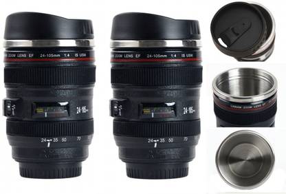 Kuniva Camera Lens Shape Cup Coffee Tea Stainless Steel Thermos & Lens Lid Stainless Steel Coffee (PACK OF 2) Plastic, Stainless Steel Coffee Mug