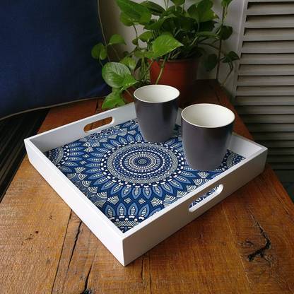 Brahma Design Blue Mandala White Border Dining Serving and Desk Square Tray