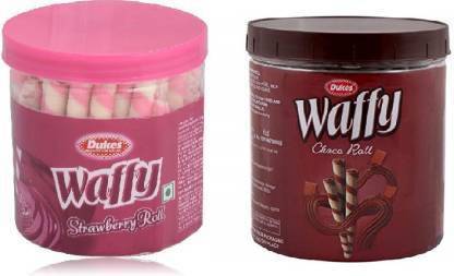 Dukes Waffy Strawberry Wafer Rolls 250gm And Waffy Choco Wafer Rolls 250gm Pack of 2 (2 x 250 g) Wafer Rolls