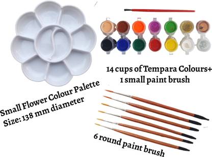 Upyukat 1 Small Flower shape Painting Palette /Water Color Palette/Color Mixing Plate/ Coloring Palette for Artist Kids – White + Artist Brush set- Round paint brush for artists (set of 6 brushes) + 14 Shapes of Tempera Colors with small paint brush
