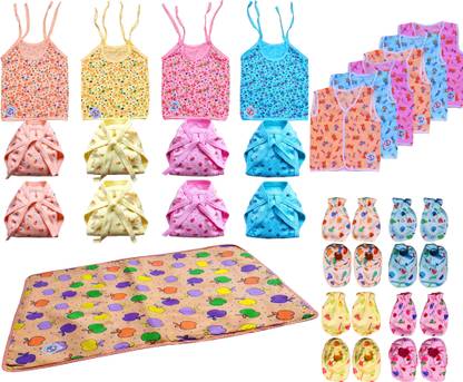 V.B.K Baby Essential Clothing Set Combo With Jhbla (4 Pcs), Nappy (Langot) (8 Pcs), Hand Mittens (4 Pairs), Leg Socks (4 Pairs), Cotton Jhabla (6 Pcs) and Diaper Changing / Bed Protector Waterproof Sheets (1 Pcs), Pure Hosiery Soft Cloth Fabric, 0 to 6 Months