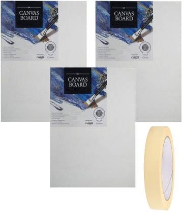 Definite Fine Art White Canvas Board 12X10 Inch with Masking Tape (20 Meters) Cotton Medium Grain Board Canvas (Set of 3)