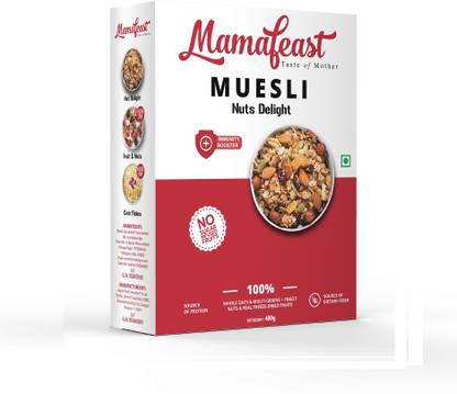 Mamafeast by Mamafeast Muesli Nut Delight 400g, Breakfast Cereal , High in Iron, Source of Fibre , Naturally Cholesterol Free, Whole Oats & Whole Grain, Finest Nuts & Raisins, Freeze Dried Fruits, No Sugar Infused Fruits, Immunity Booster��(400 g, Box) Box